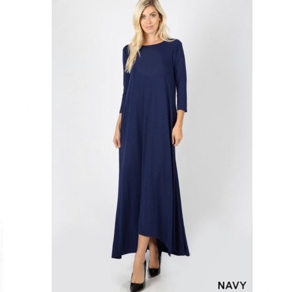 Penna&Pine Dresses & Skirts - Navy Blue 3/4 Sleeve Maxi Pocket Dress